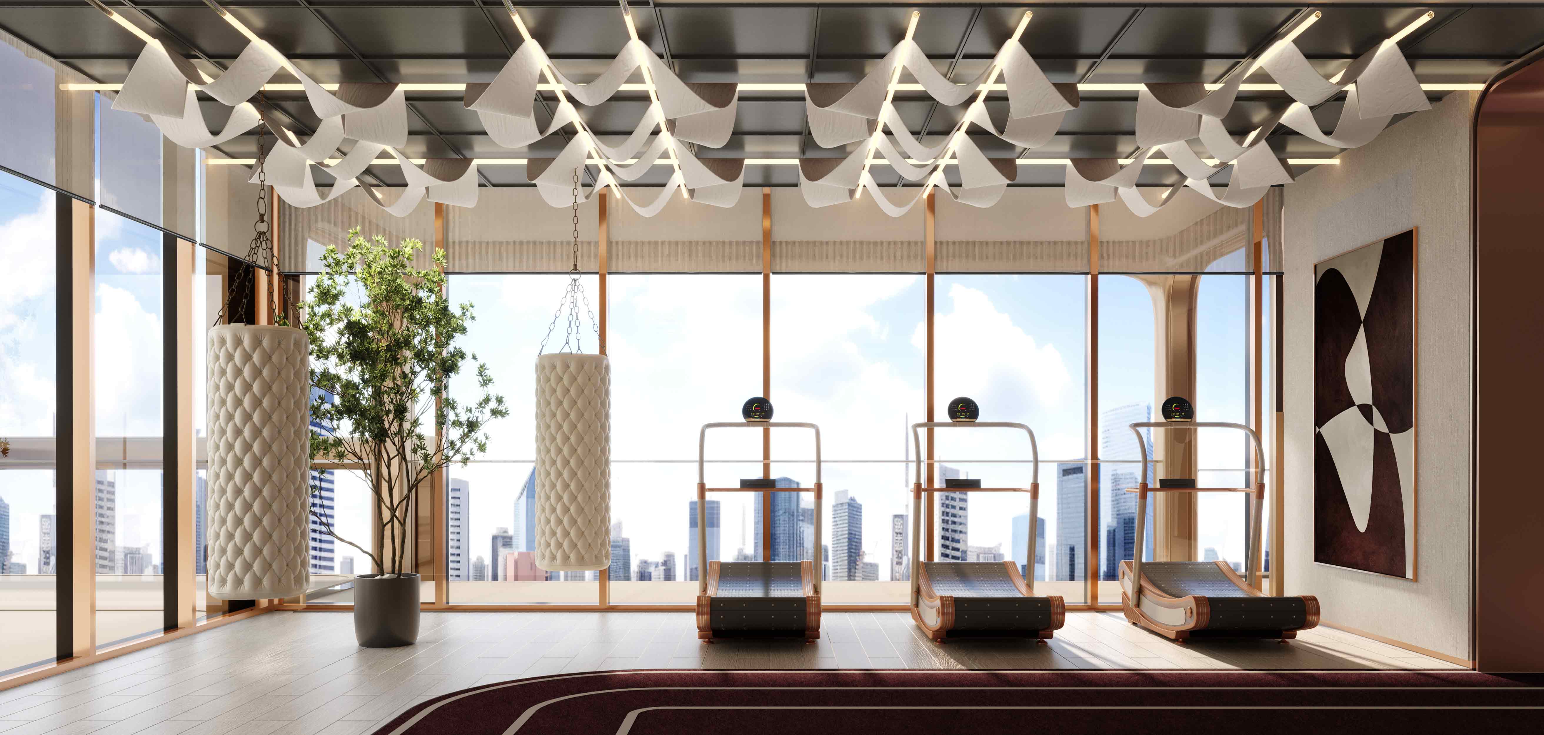 The Symphony By Imtiaz A modern gym interior featuring sleek treadmills, a punching bag, plants, and large windows with city views.